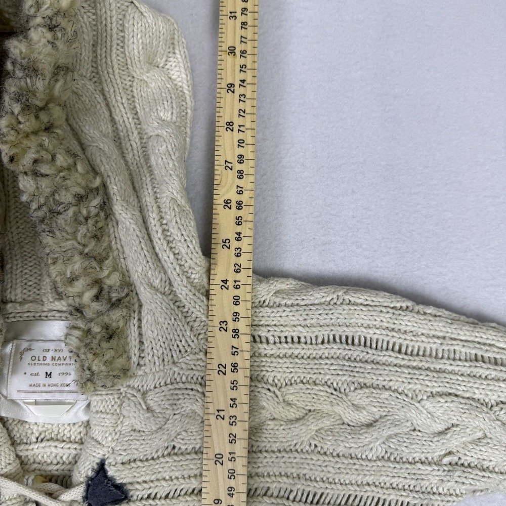 Vintage Old Navy Women M Cream Cable Knit Toggle Hoodie Faux Fur Trim - Picture 4 of 9